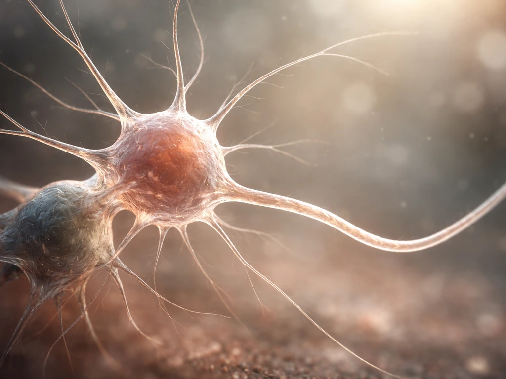 Closeup of a growing neuron with extending axon, branching dendrites, and a nearby glial cell in a minimal lab-like sett