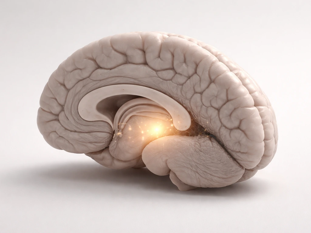 Minimal 3D brain slice with a small glowing dentate gyrus patch suggesting limited adult neurogenesis.