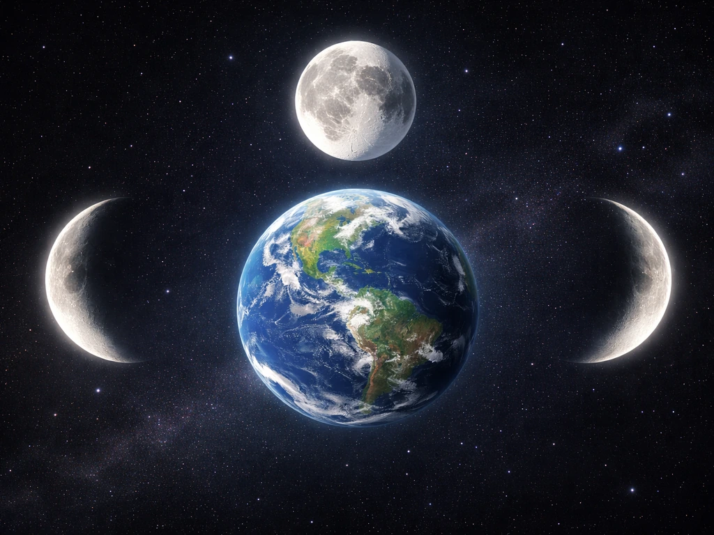 Earth in center with three Moon phase positions (crescent to full to crescent) to show apparent change.