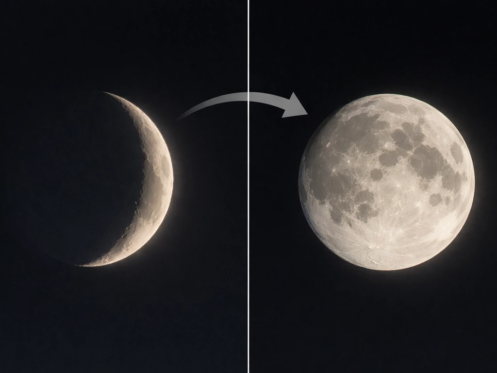 Two side-by-side Moon closeups with different illumination fractions marked by a subtle sunlight arrow overlay.