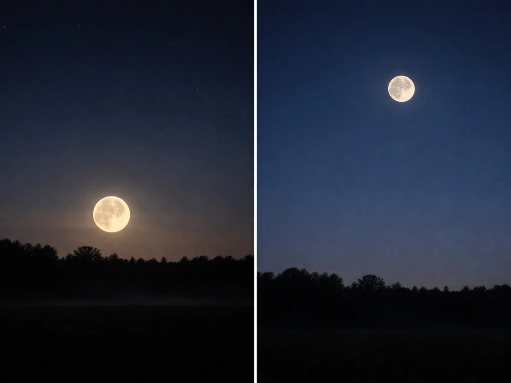 Split-screen style photo comparison: Moon near horizon looks bigger versus Moon high overhead.
