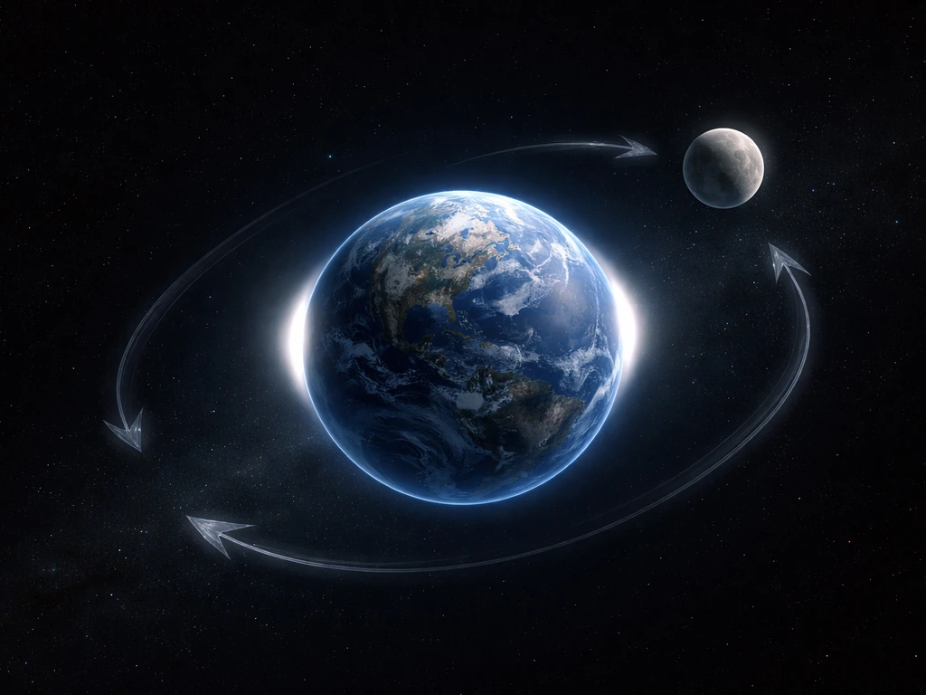 Minimal space scene showing Earth and Moon with tidal bulges and motion arrows for lunar recession
