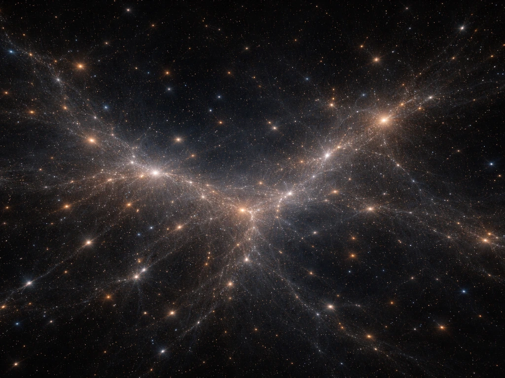 Deep-field view of distant galaxies with faint filament-like large-scale cosmic structure and depth.
