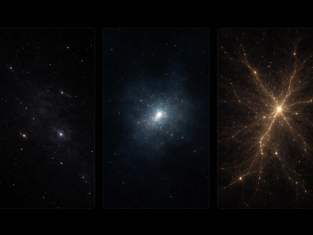 Three minimal space scenes showing expansion, new energy appearing, and cosmic structure forming.