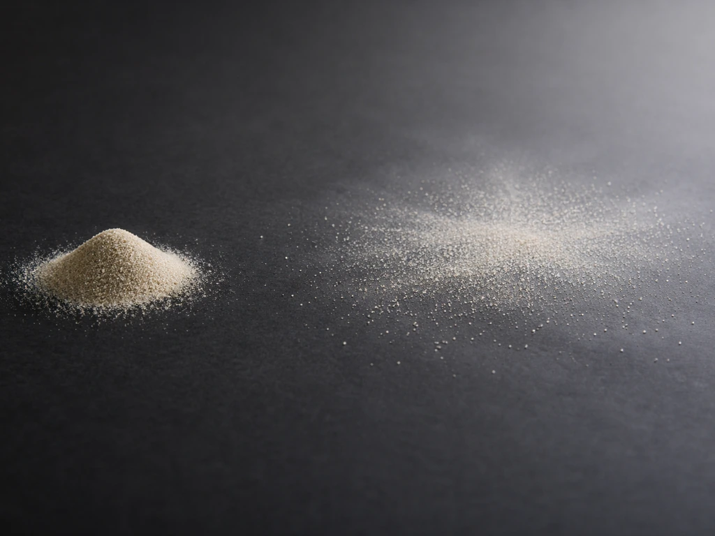 Minimal physics scene with an expanding, diluted baryon cloud contrasted with a small local pile of matter.