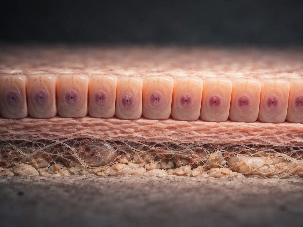 Cross-section of layered epithelial tissue anchored to a basement membrane under a microscope-like view.