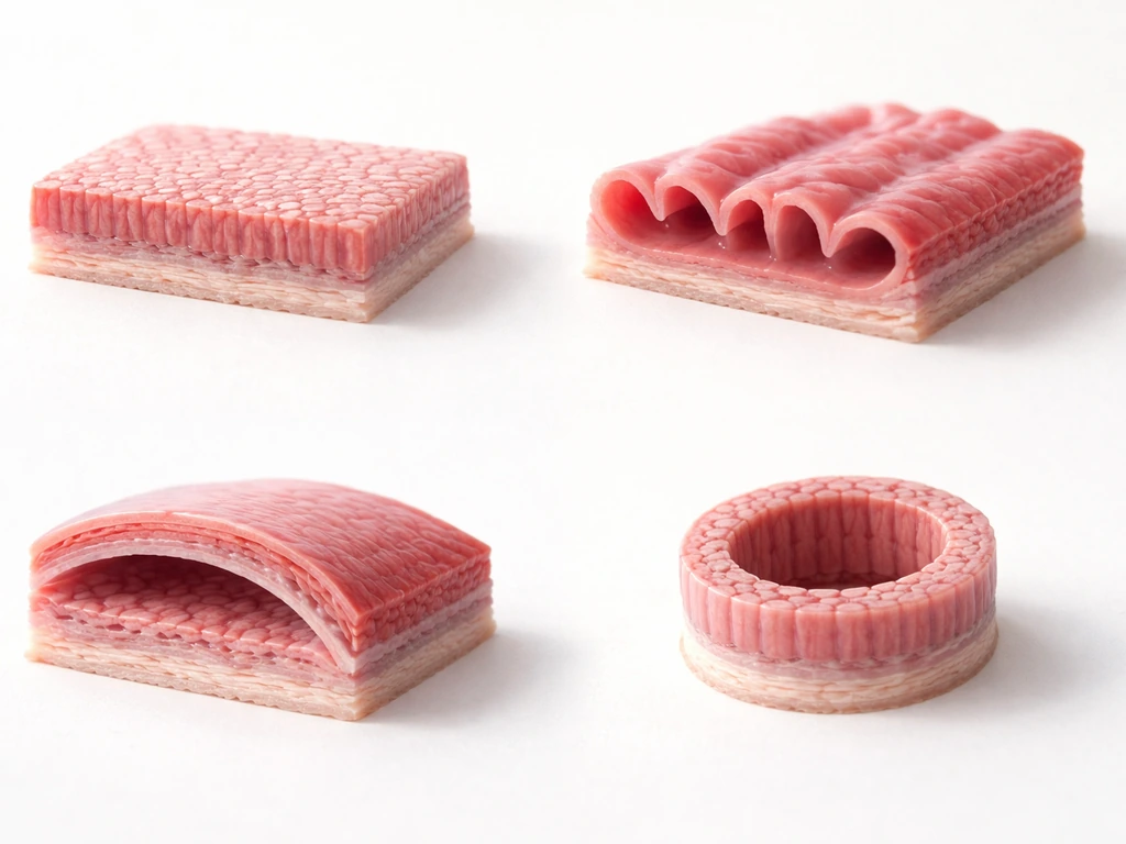Minimal photo of four epithelial-like tissue layers with thin basement membrane beneath, showing skin, gut/airways, vess