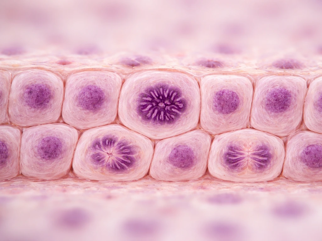 Micrograph-like epithelial tissue cross-section with a mitotic cell showing condensed chromosomes