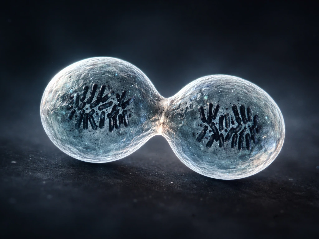 Close-up of a single cell with duplicated chromosomes splitting into two daughter cells