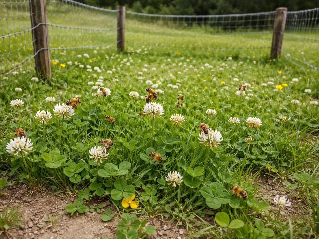 Honeybees interacting within a small fenced meadow plot on wildflowers and grass