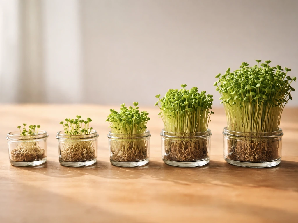 Row of glass containers with sprouts increasing rapidly from left to right, suggesting a J-curve.