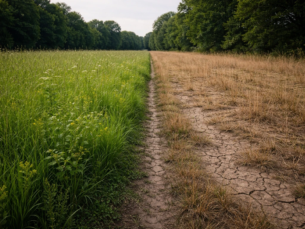A simple meadow showing lush grass versus a dry, sparse patch, symbolizing changing carrying capacity.