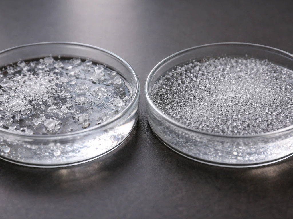 Side-by-side close-up of salt and sugar crystals growing on clear dishes, salt forming larger faster crystals.