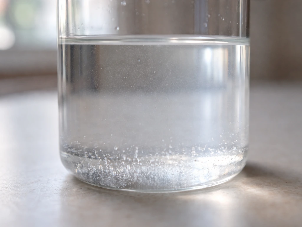 Close-up of a clear supersaturated solution with tiny crystal nuclei forming on a glass vessel wall.