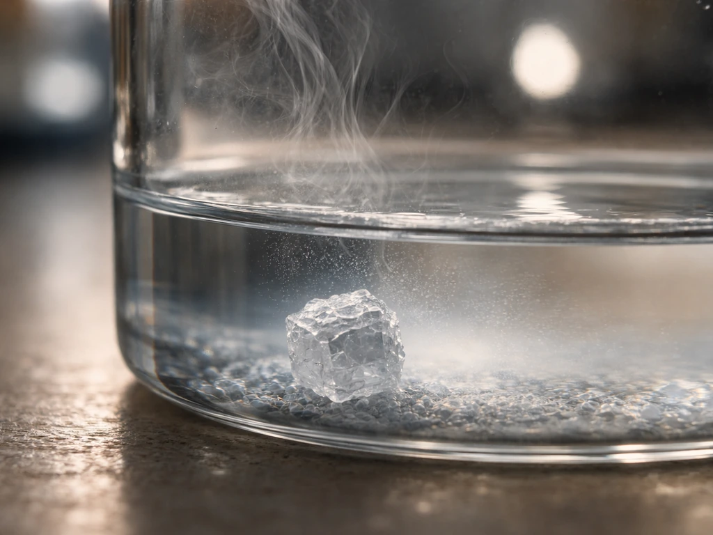 Close-up of a growing crystal with subtle solute gradient and shimmering vapor above a clear beaker