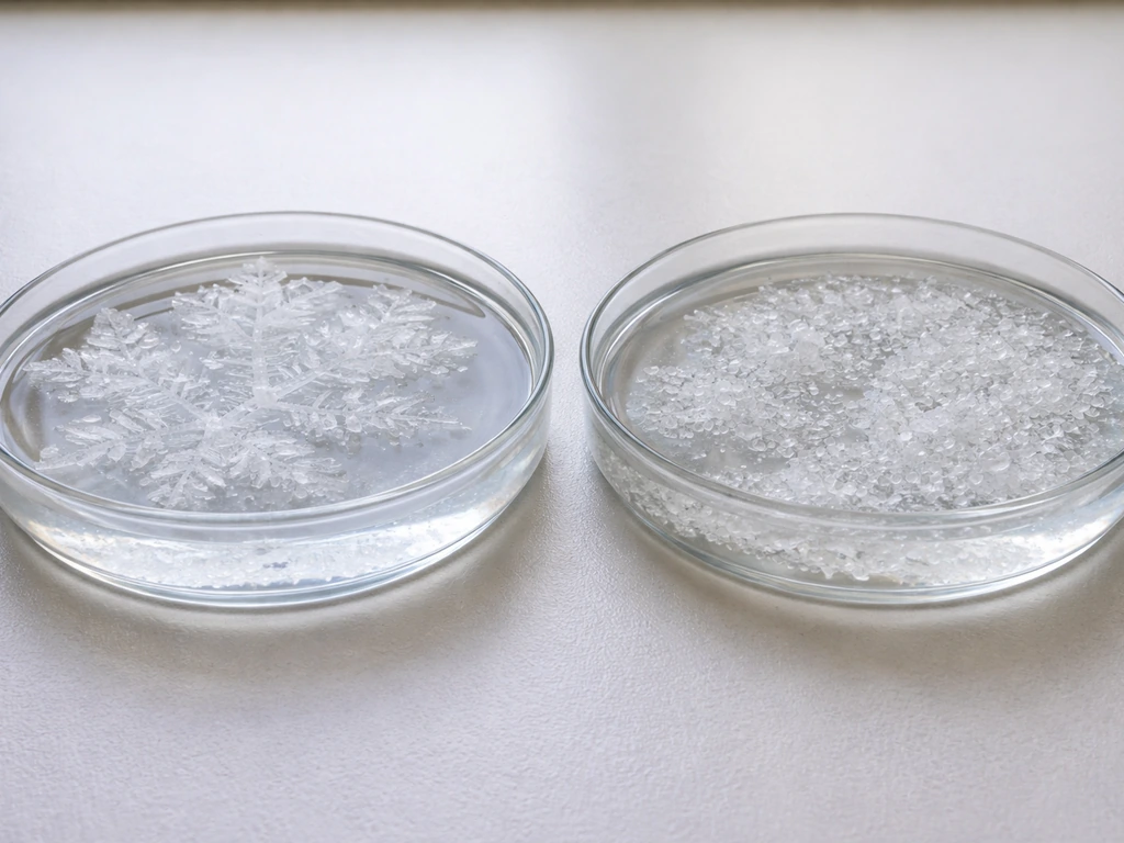 Two salt-solution dishes side-by-side showing different crystal sizes from a tiny impurity.