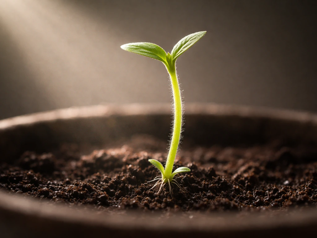 Close-up of a young seedling growing upward from soil toward soft side light