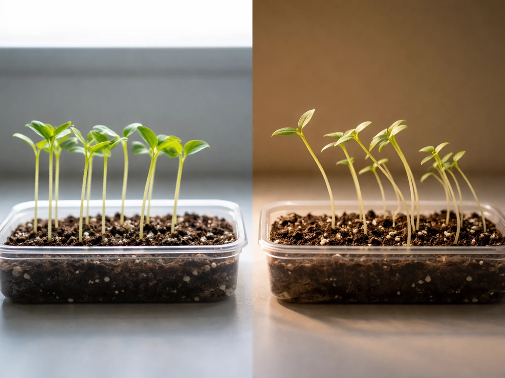 Two sets of seedlings side-by-side, one under bright light and one in dimmer conditions, showing different upward growth