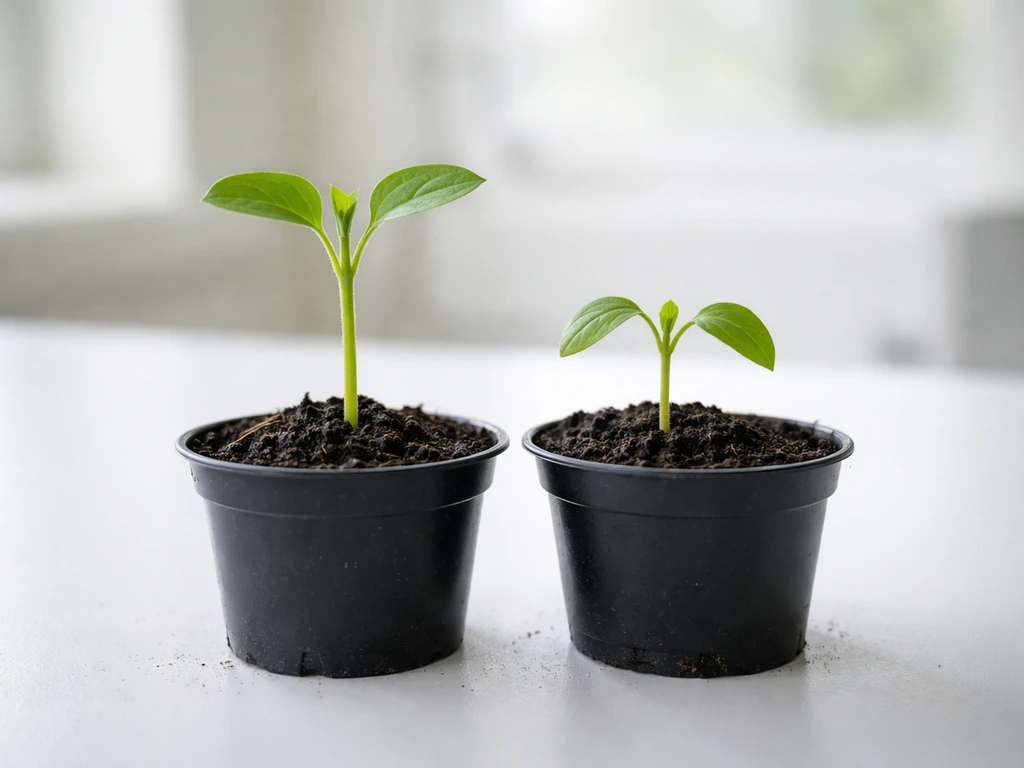 Two small plant seedlings in soil, one taller and greener than a neighboring one stressed by limited water.