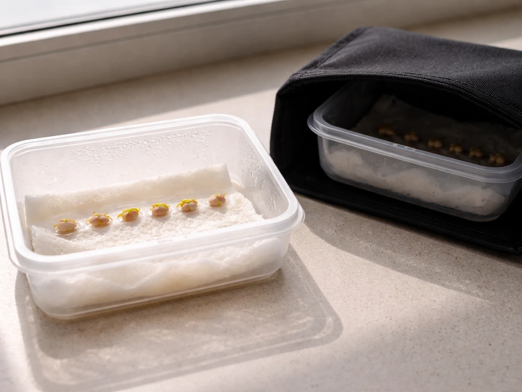 Two seed germination setups in a dark bag vs clear container with small seedlings and moist paper.