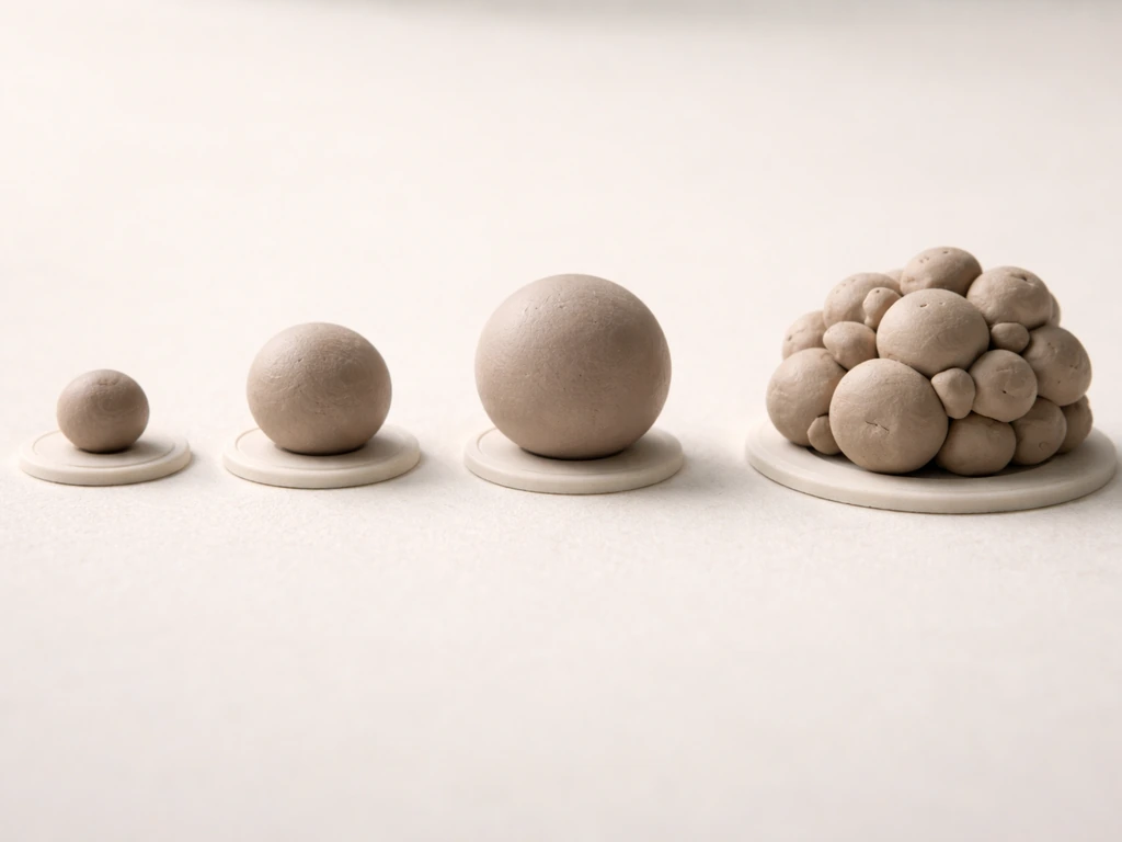 Close-up still life of small clay nodules arranged to suggest one nodule getting larger over time.