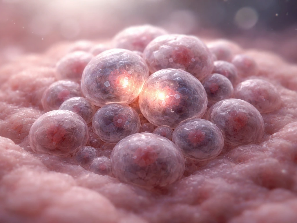 Microscopic view of a small cell cluster with cells dividing, suggesting abnormal tissue nodule growth.