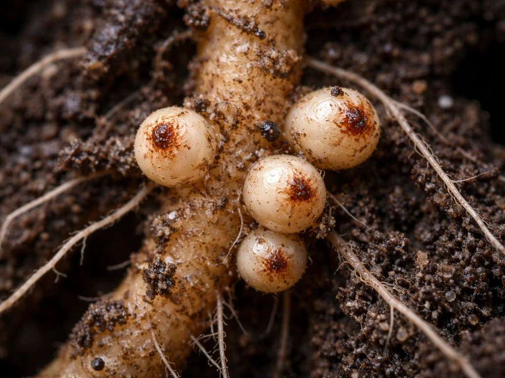 Macro view of legume root nodules emerging from roots in moist soil with infection-like points.
