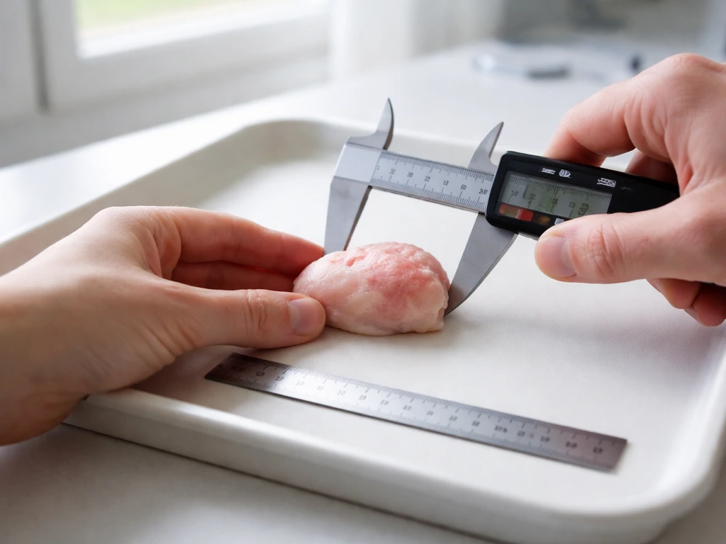 Close-up of hands using calipers and a ruler to measure a small rounded tissue sample on a neutral tray
