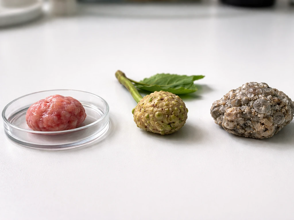 Three nodule-like samples in dishes: tissue nodule, plant gall, and mineral concretion on a lab bench.