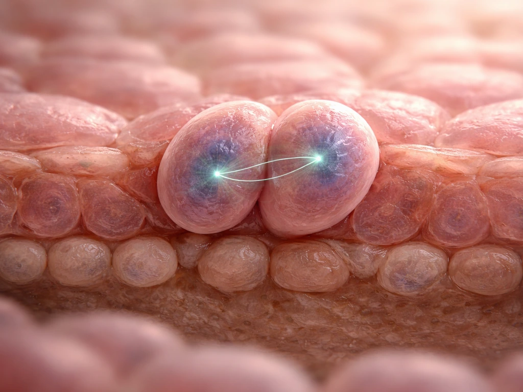 Close-up of a simple cross-section of skin cells showing mitosis with spindle orientation and two fates