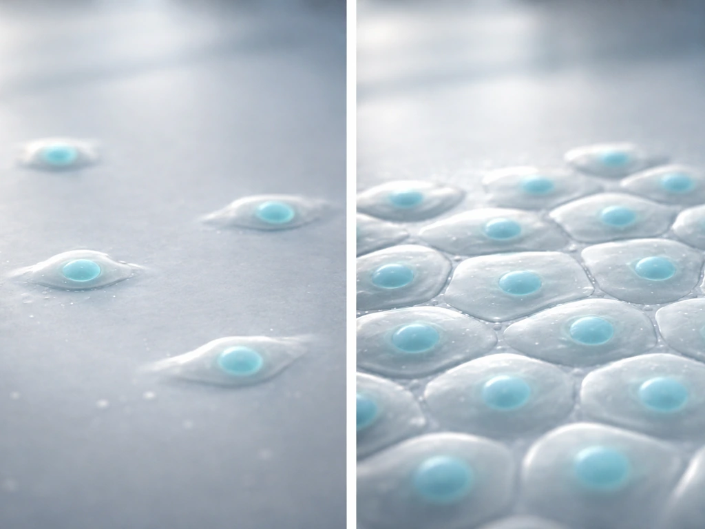 Split photo showing two simple lab scenes: signals promoting cell growth vs contact inhibition limiting division.
