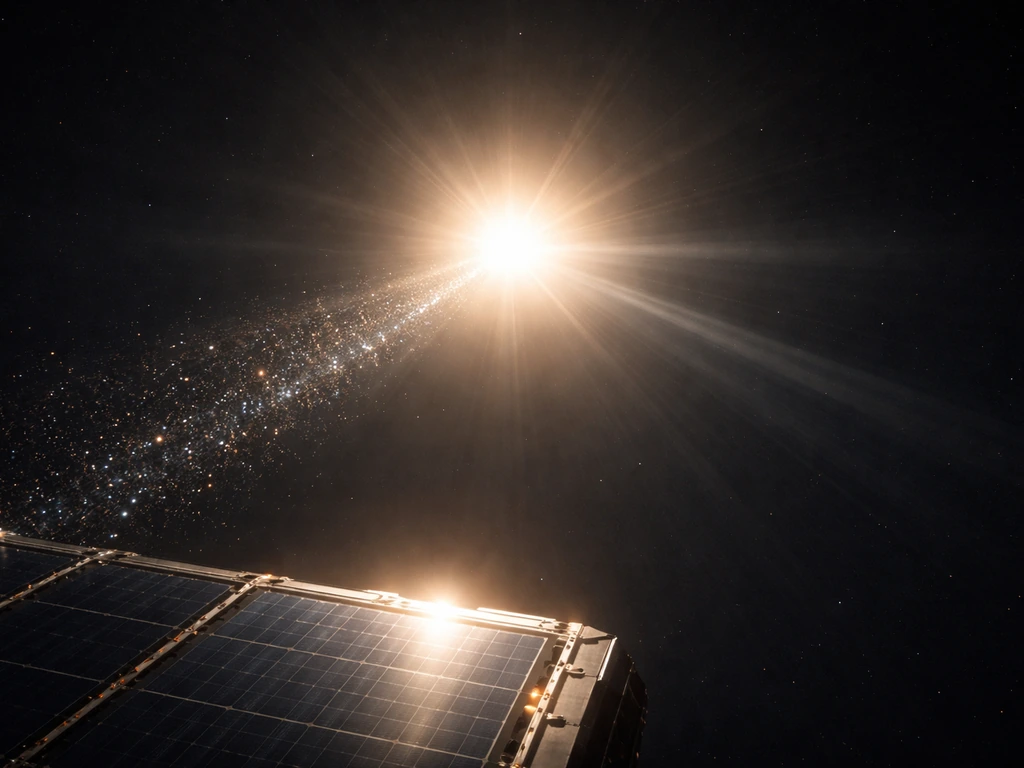 Sunlight-like glow with a particle stream and soft photon light rays moving outward into dark space.