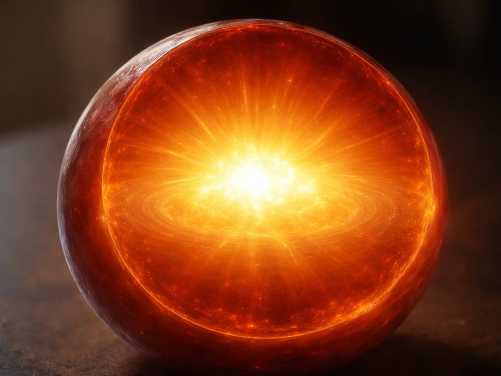A glowing Sun-core cross-section concept showing hydrogen fusing into helium with energy radiating outward.