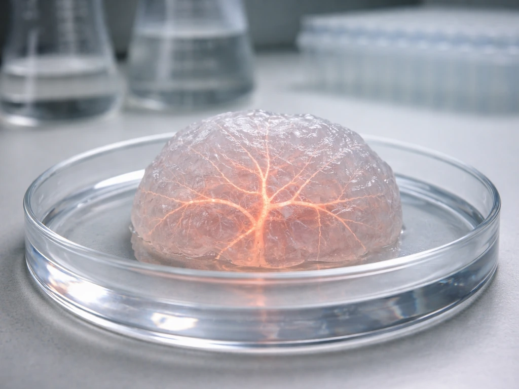 Close-up of a lab bioprinting scaffold with glowing channels in a research setting