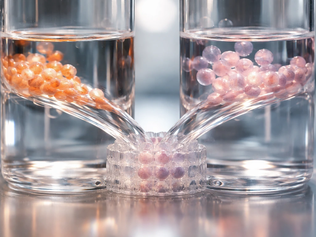Macro view of two culture wells with cell clusters flowing into a clear scaffold gel in a lab.