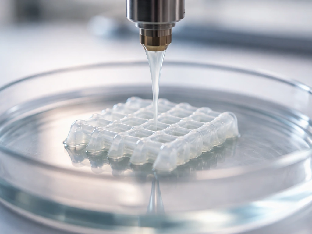 Close-up of a bioprinter nozzle depositing translucent cell-laden hydrogel into a layered 3D scaffold