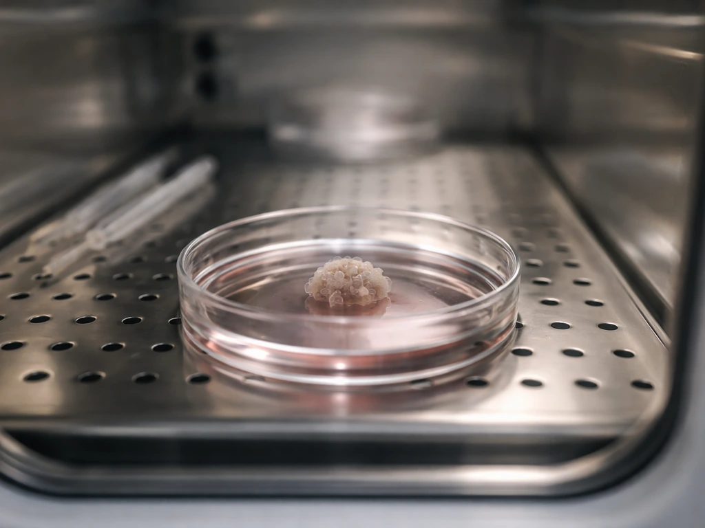 Cell culture dish with organoid-like cluster inside a lab incubator, suggesting maturation in controlled conditions.