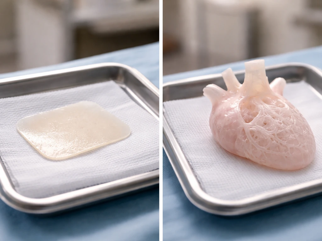 Split-screen photo: thin skin graft membrane vs larger whole-organ–like scaffold on a sterile tray.