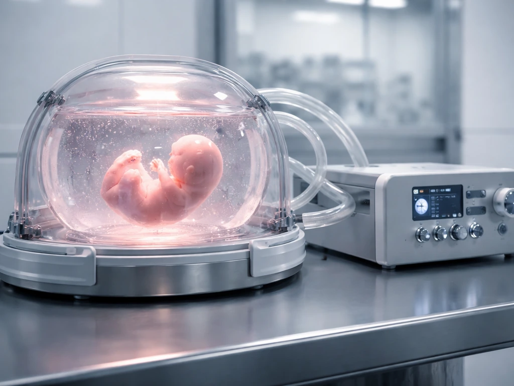 Sterile lab bioreactor with a clear artificial womb chamber softly illuminated, containing a non-gory embryo in fluid.