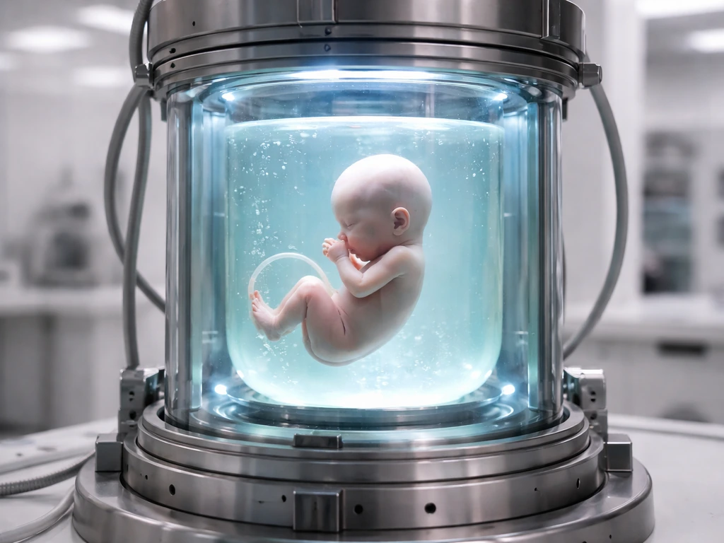 Cutaway view of an artificial womb device with a small embryo-like form in a sterile external chamber.