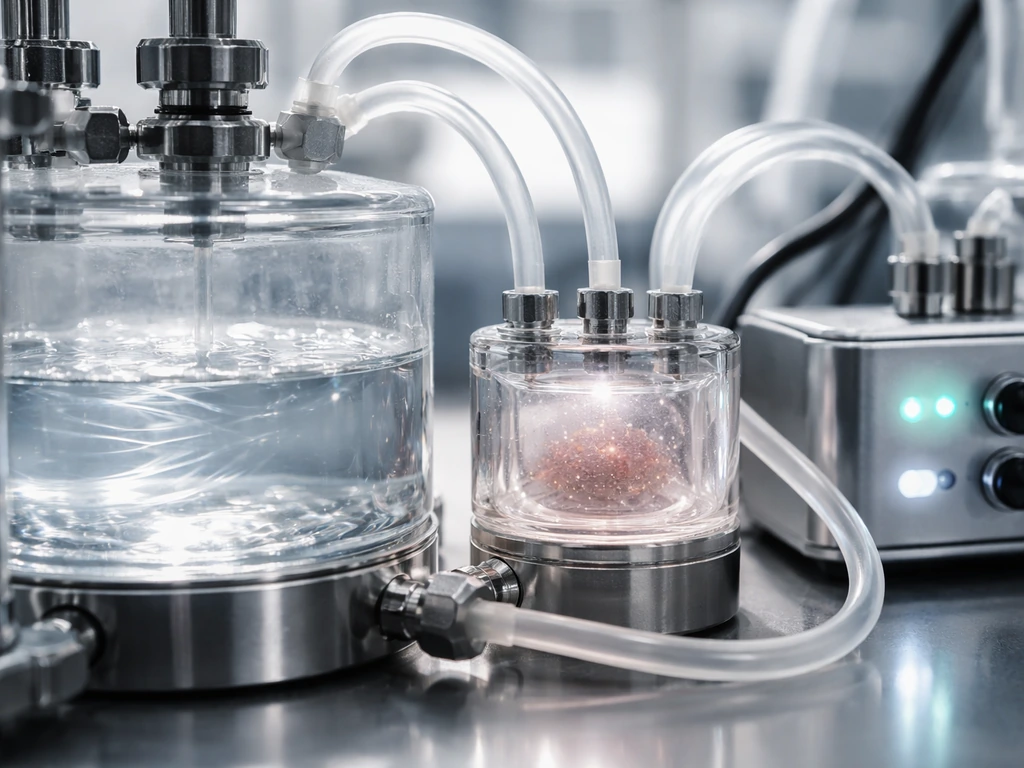 Sterile bioreactor close-up with tubing and fluid reservoir mimicking oxygen and nutrient delivery.