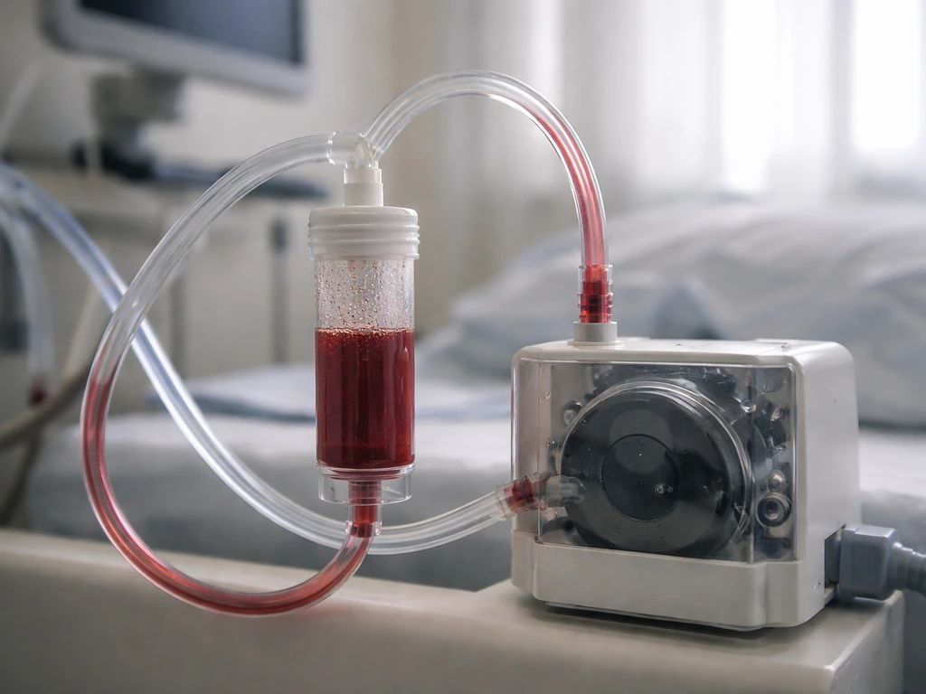 Close-up of a clear tubing dialysis-like fluid loop with a small filter removing waste in a sterile setting.