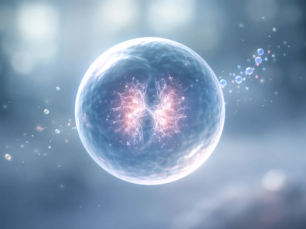 Macro view of one cell with visible membrane, internal chromatin, and subtle incoming molecular cues.