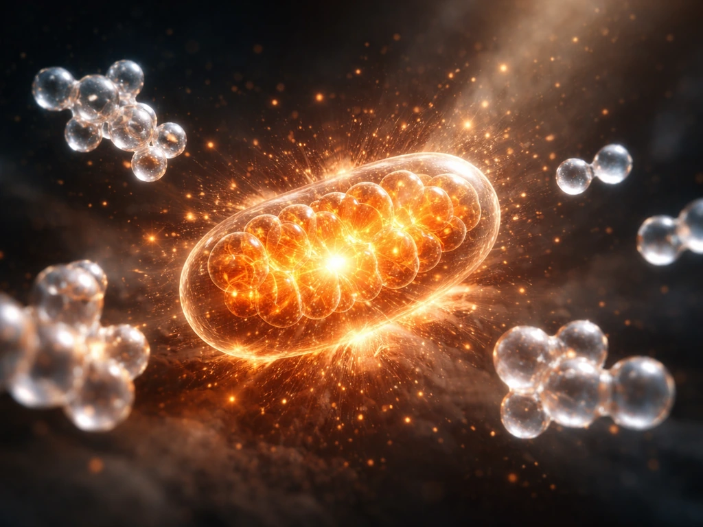 Glucose-like molecules drifting toward a glowing mitochondrion, with oxygen nearby and energy release.