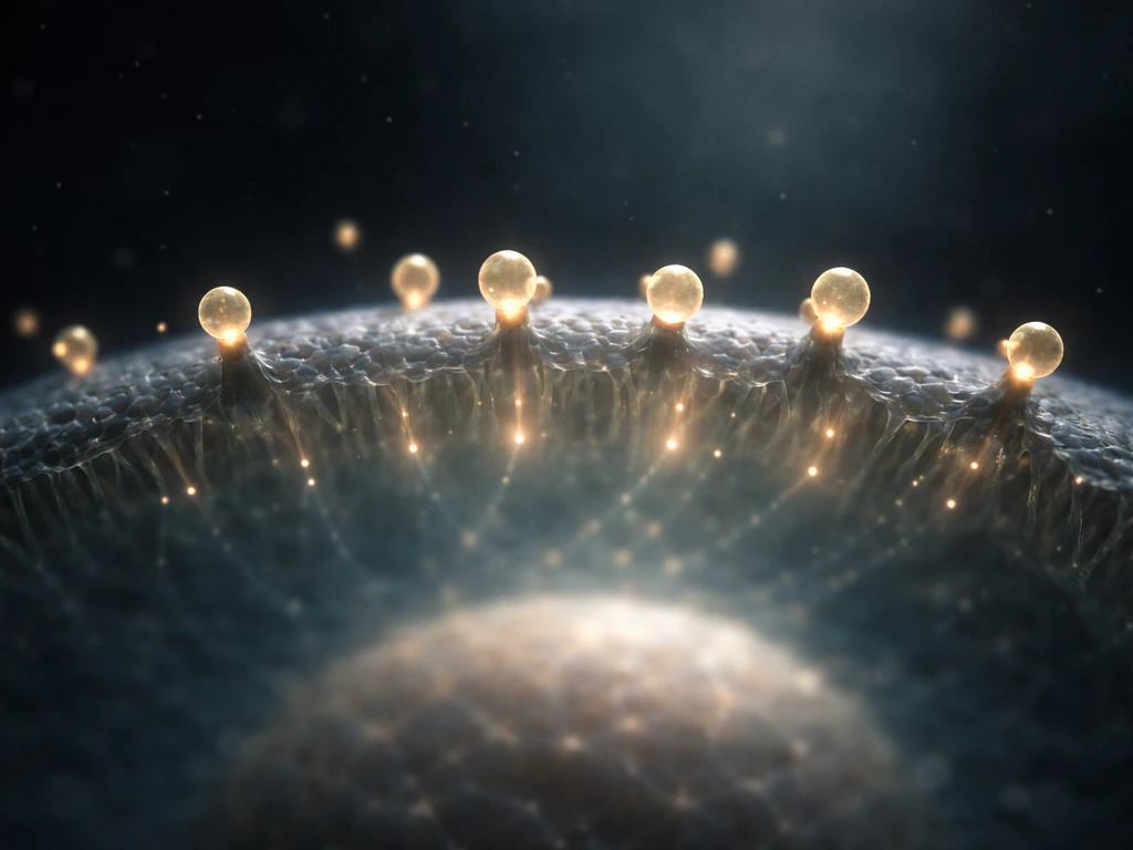 An abstract cell membrane with growth-factor molecules docking and signaling inward toward the cell interior.