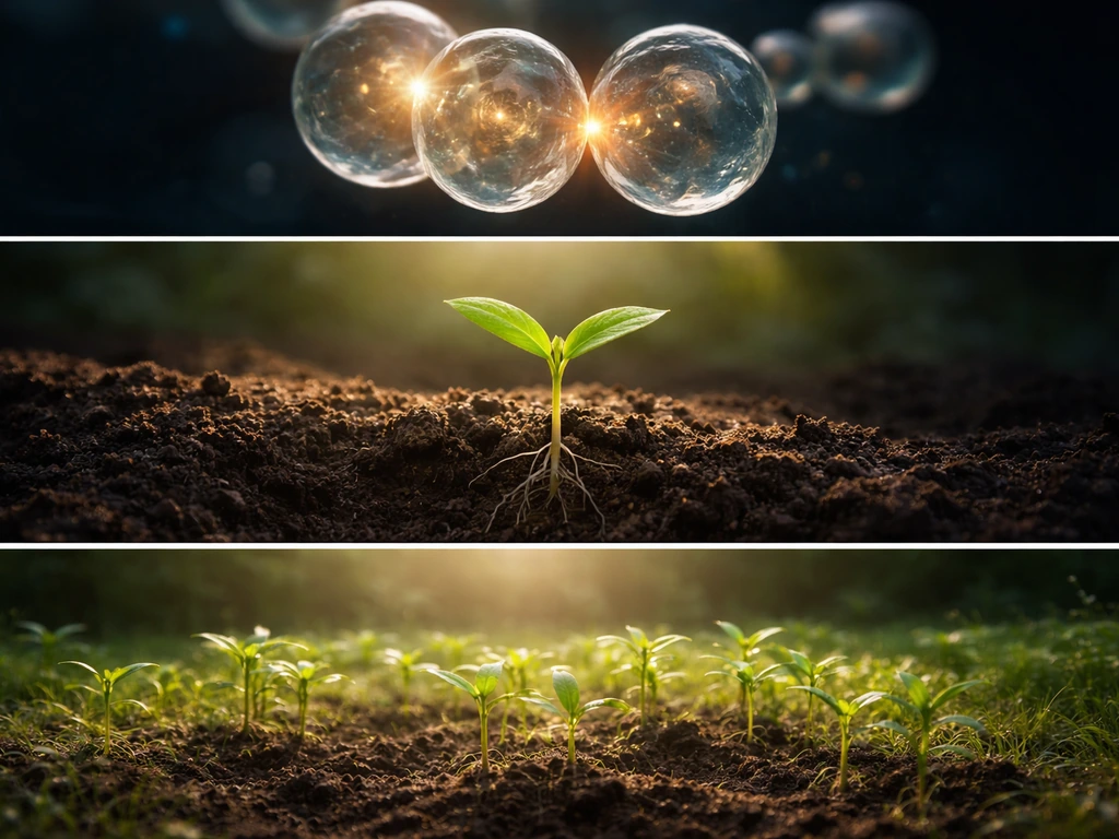 Three-tier concept of biological growth: cells dividing, an organism growing, and populations thriving in a natural habi