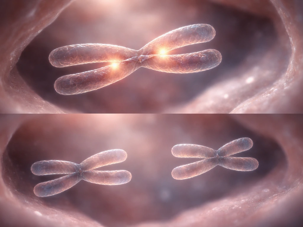 Close-up of intertwined chromosome-like strands with bright crossover points, separating into two groups in a minimal ce