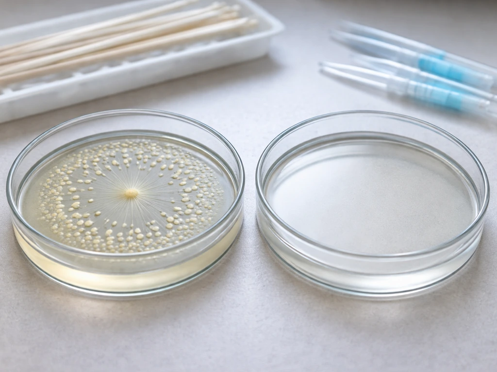 Two petri dishes on a lab bench: one shows growing microcolonies, the other remains empty as control.