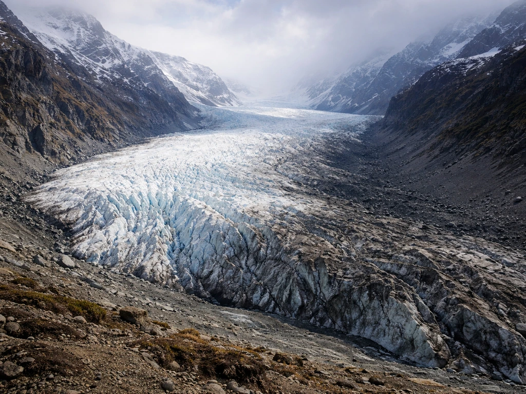 Wide view of a glacier tongue with advancing ice and a darker receding terminus under dramatic light.