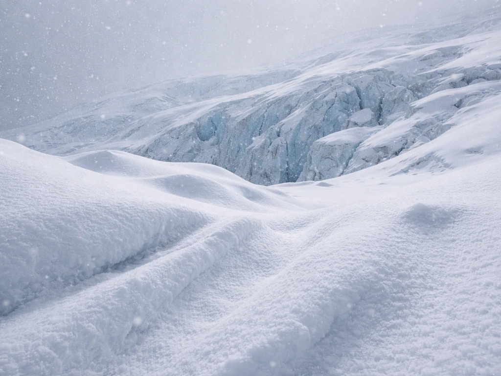 Fresh snowfall on an upper snowfield feeding a glacier, with wind-swept drifts settling on the ice
